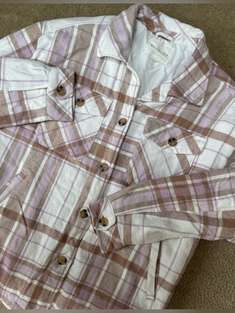 American Eagle Outfitters Sz M Cream, Brown & Light Purple Plaid Utility Jacket.